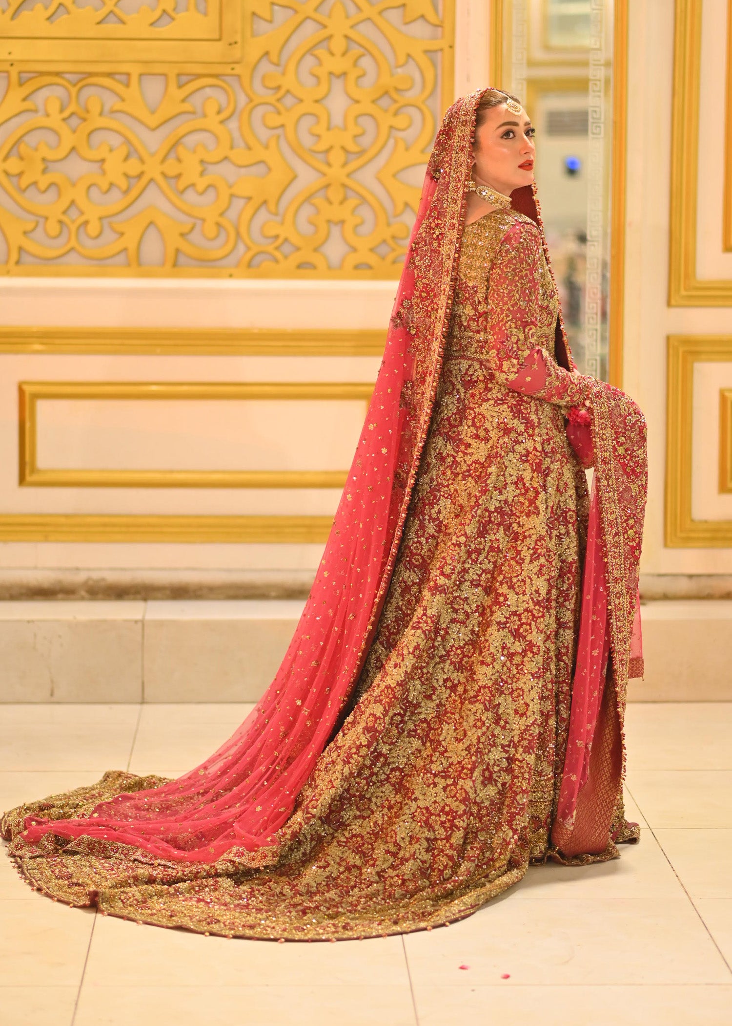 Deep Red Zardozi Silk-Blend Bridal Lehenga (3-Piece) - Image 2