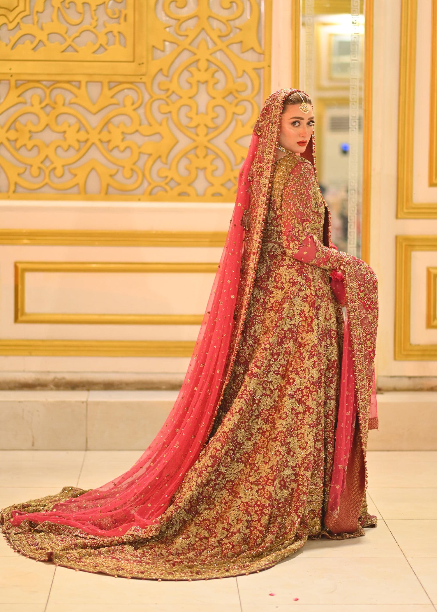 Deep Red Zardozi Silk-Blend Bridal Lehenga (3-Piece) - Image 3