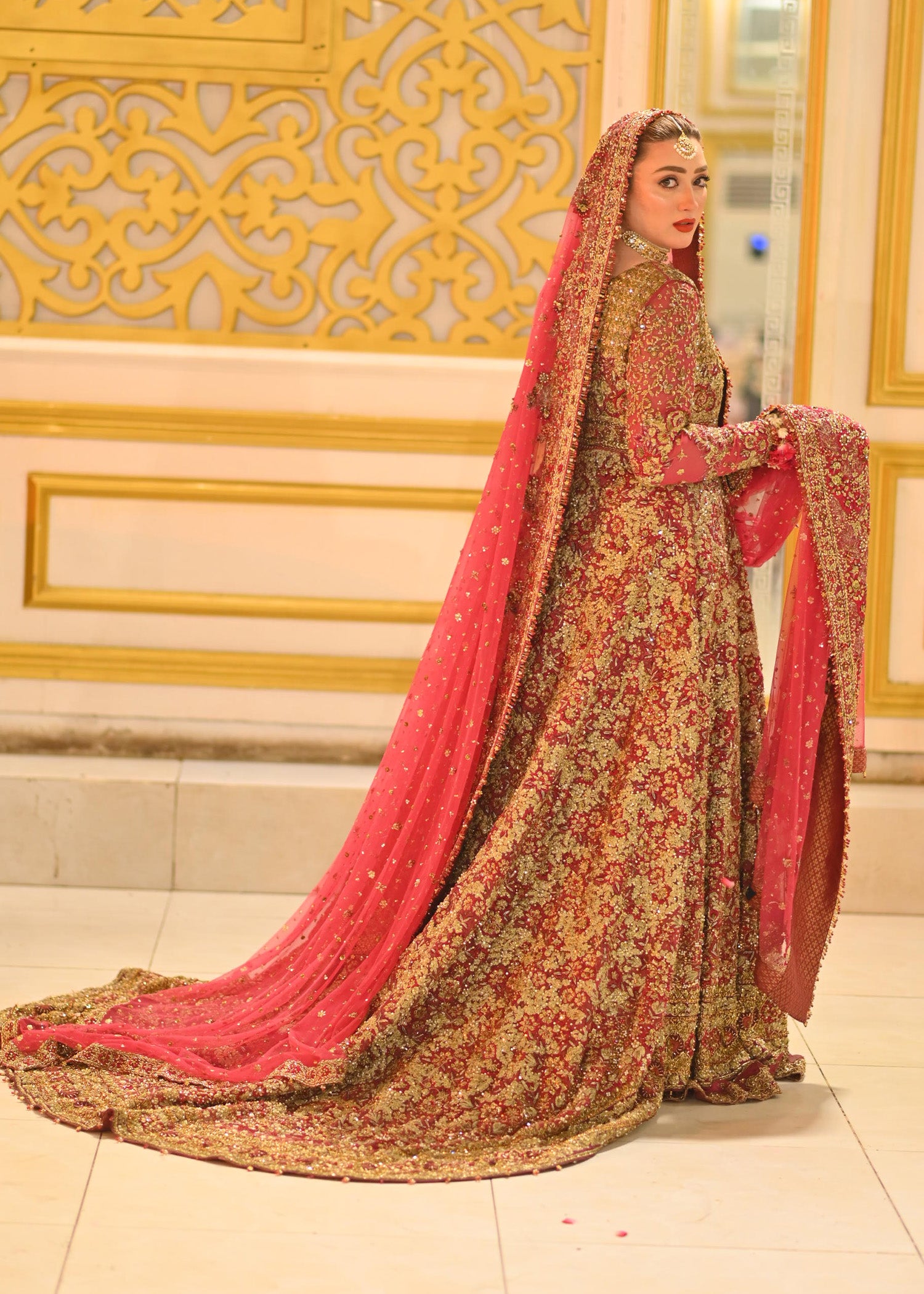 Deep Red Zardozi Silk-Blend Bridal Lehenga (3-Piece) - Image 4