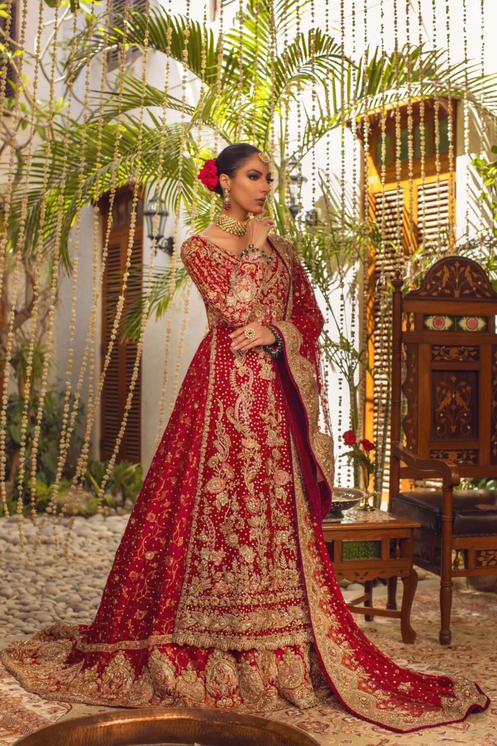 Pakistani Deep Red Embroidered Silk Blend Bridal Lehenga (3-Piece) - Image 1