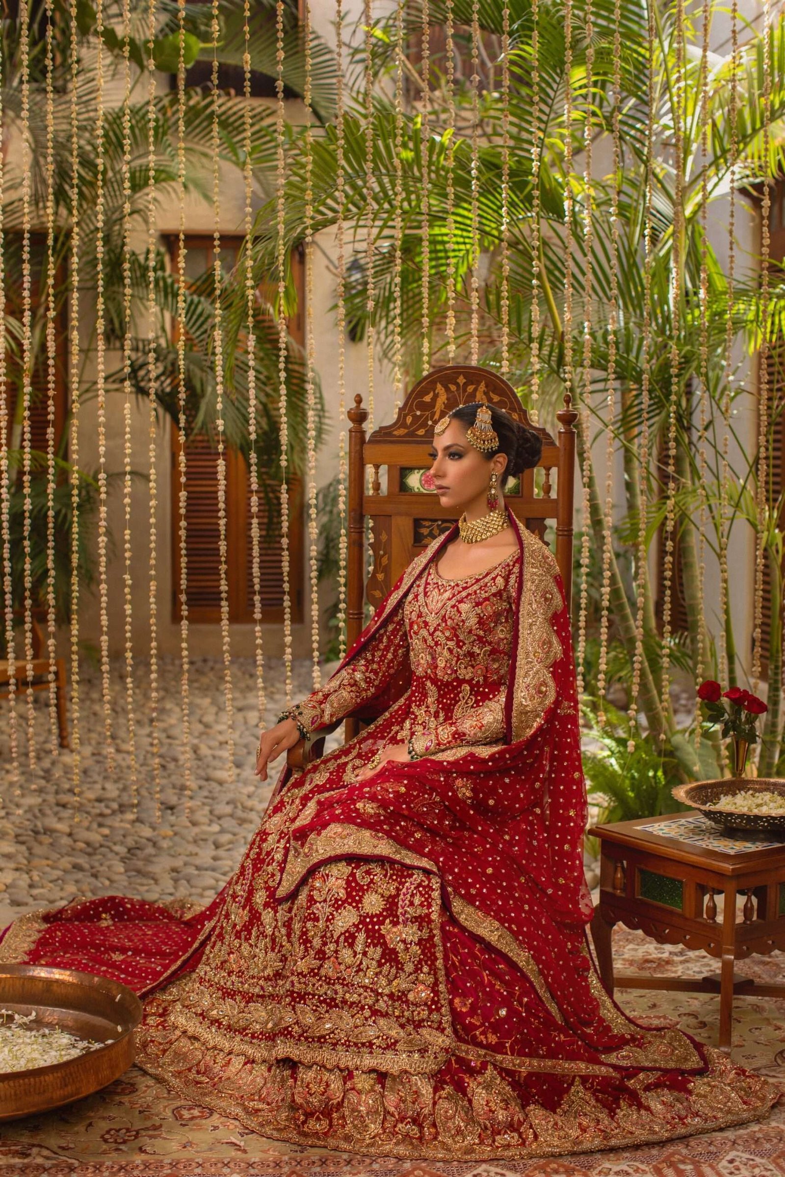 Pakistani Deep Red Embroidered Silk Blend Bridal Lehenga (3-Piece) - Image 3