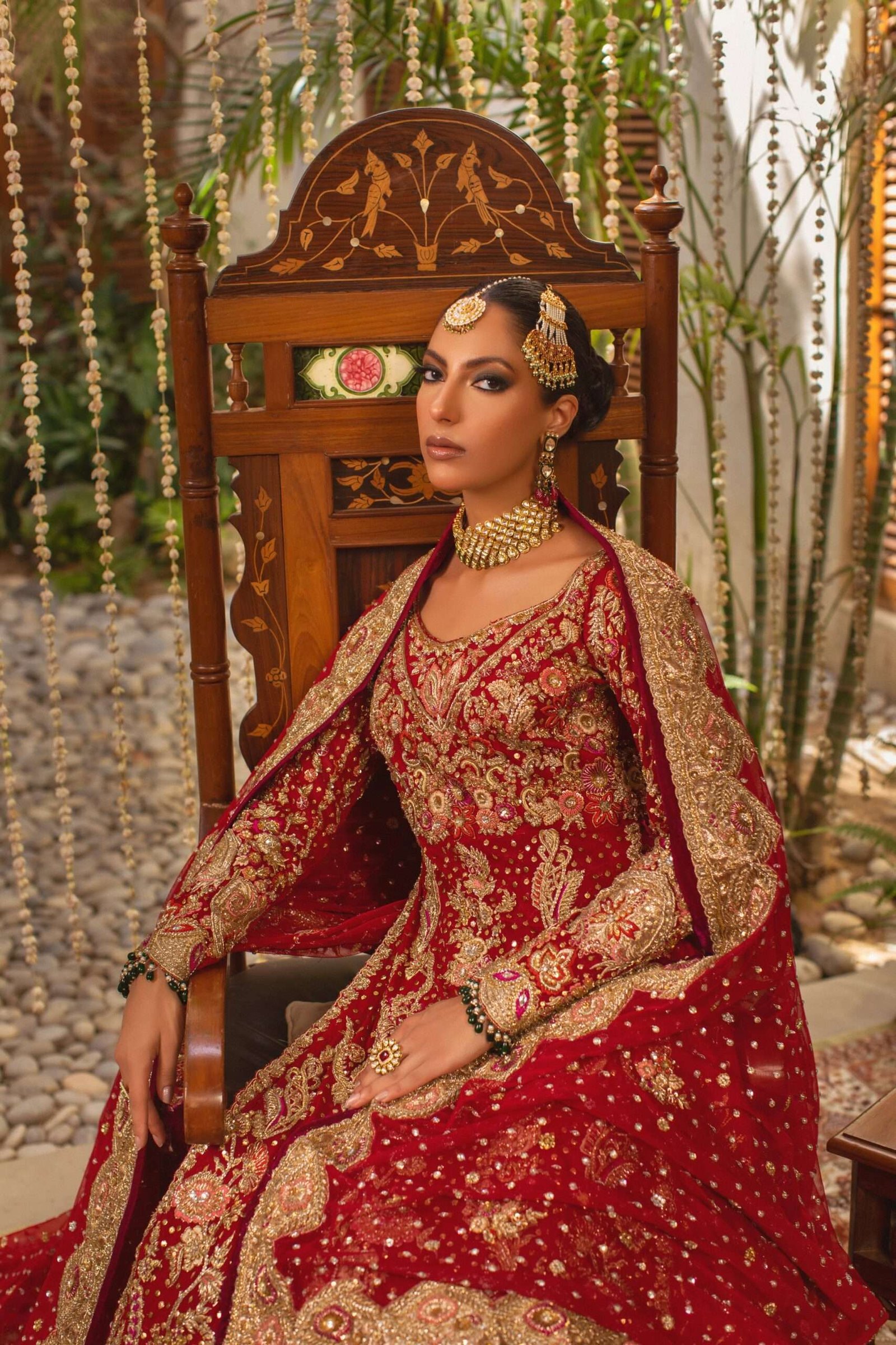 Pakistani Deep Red Embroidered Silk Blend Bridal Lehenga (3-Piece) - Image 4