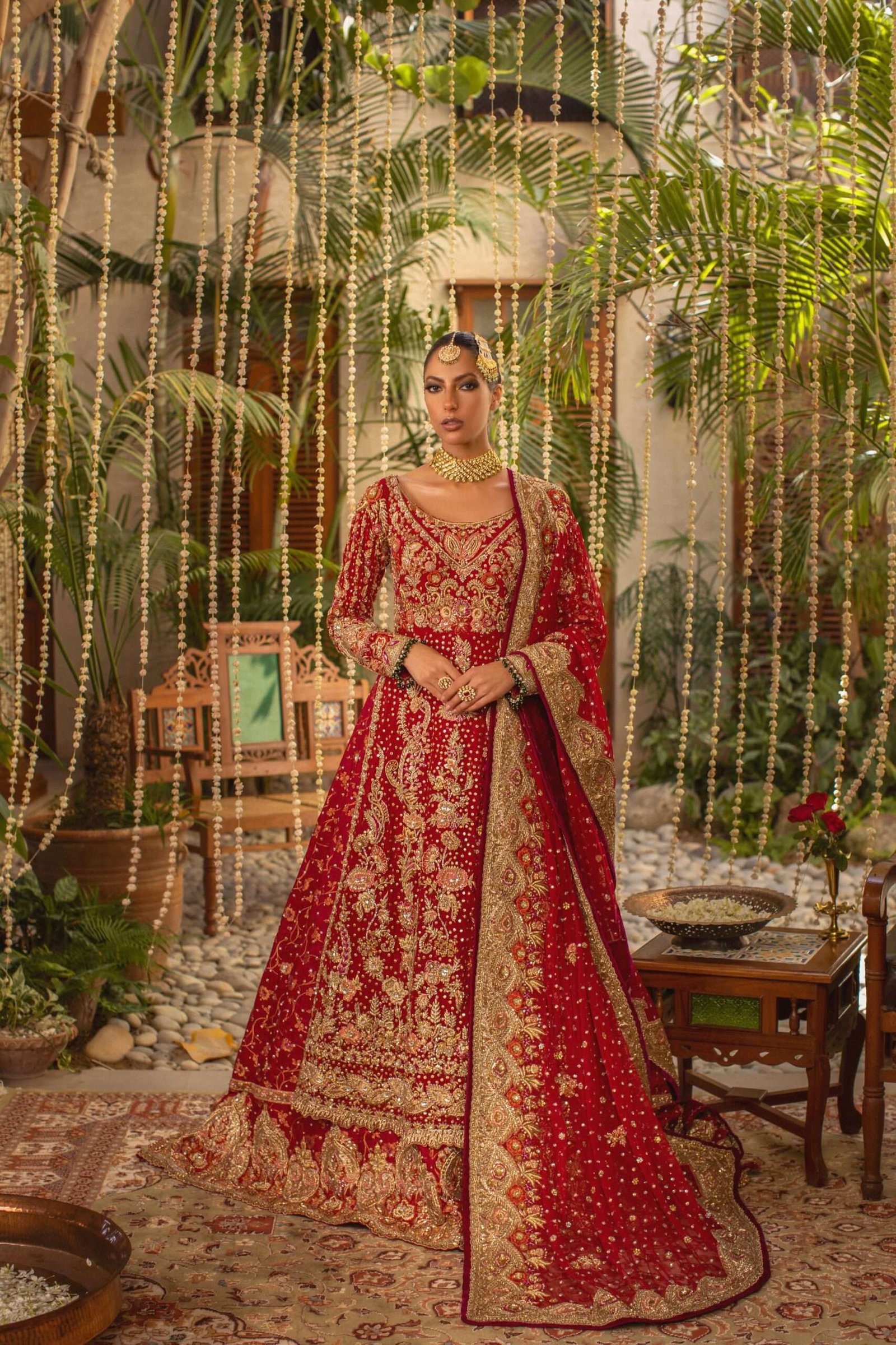 Pakistani Deep Red Embroidered Silk Blend Bridal Lehenga (3-Piece) - Image 5