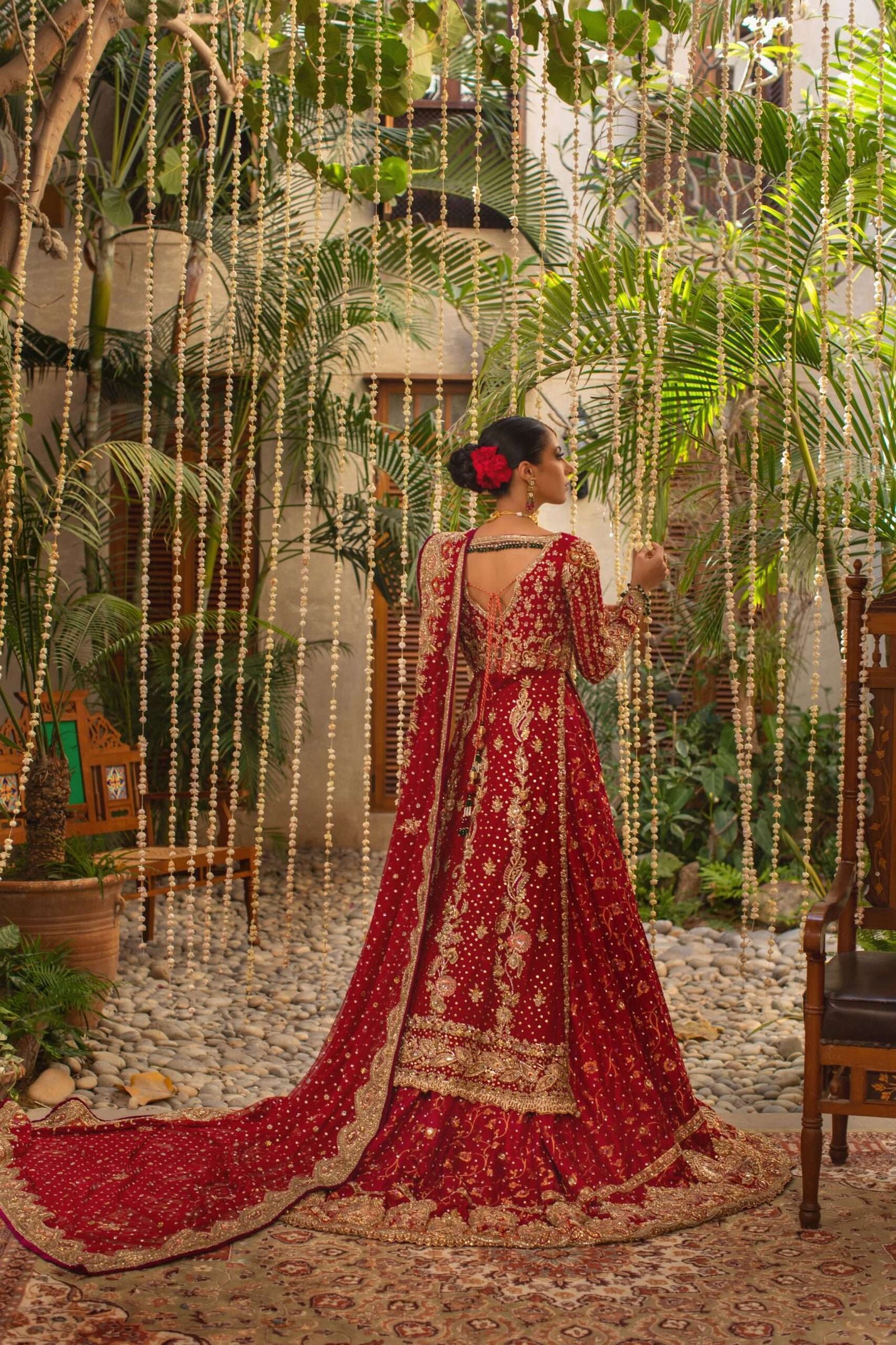 Pakistani Deep Red Embroidered Silk Blend Bridal Lehenga (3-Piece) - Image 6