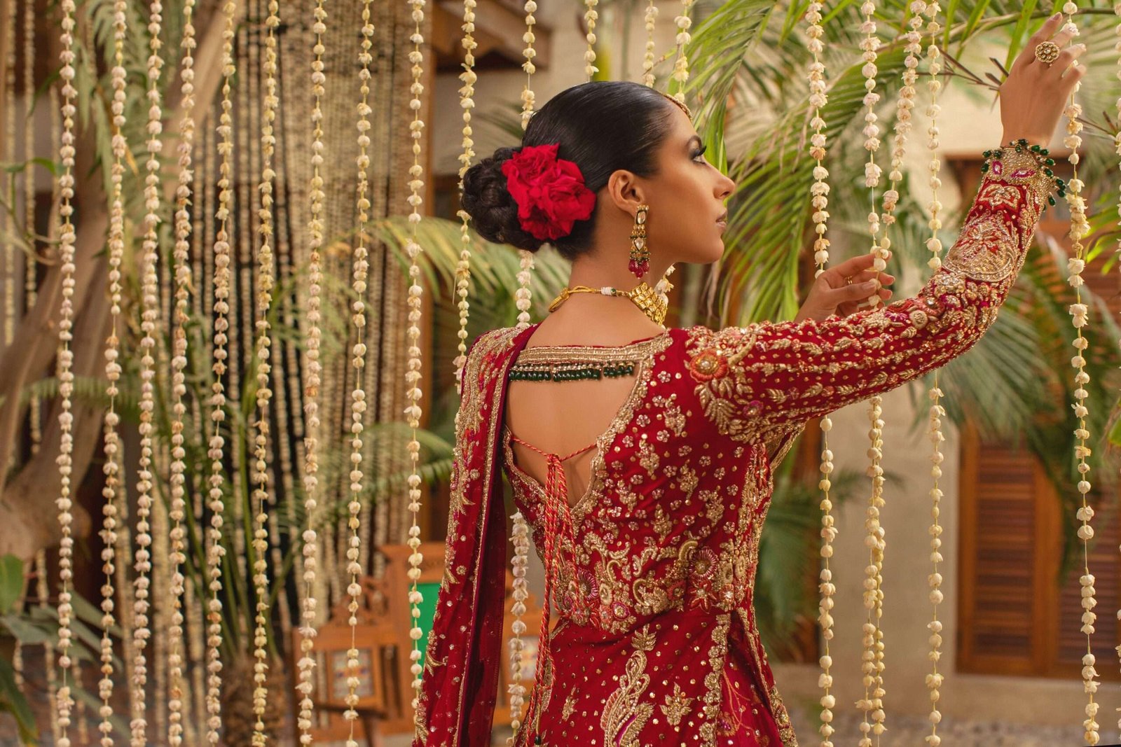 Pakistani Deep Red Embroidered Silk Blend Bridal Lehenga (3-Piece) - Image 7