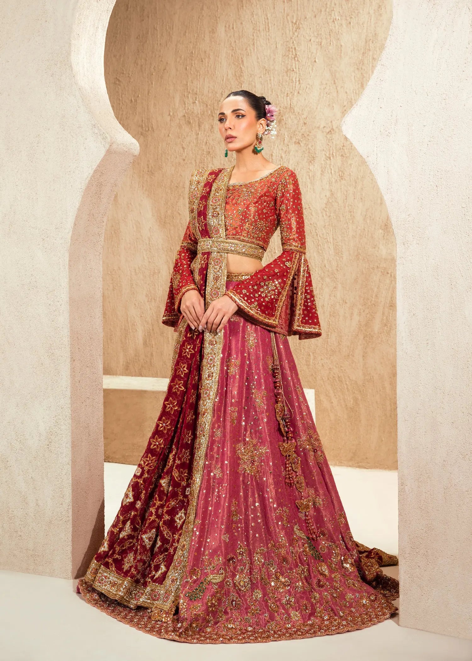 Pakistani Red and Pink Embellished Net Silk Bridal Lehenga (3-Piece) - Image 1