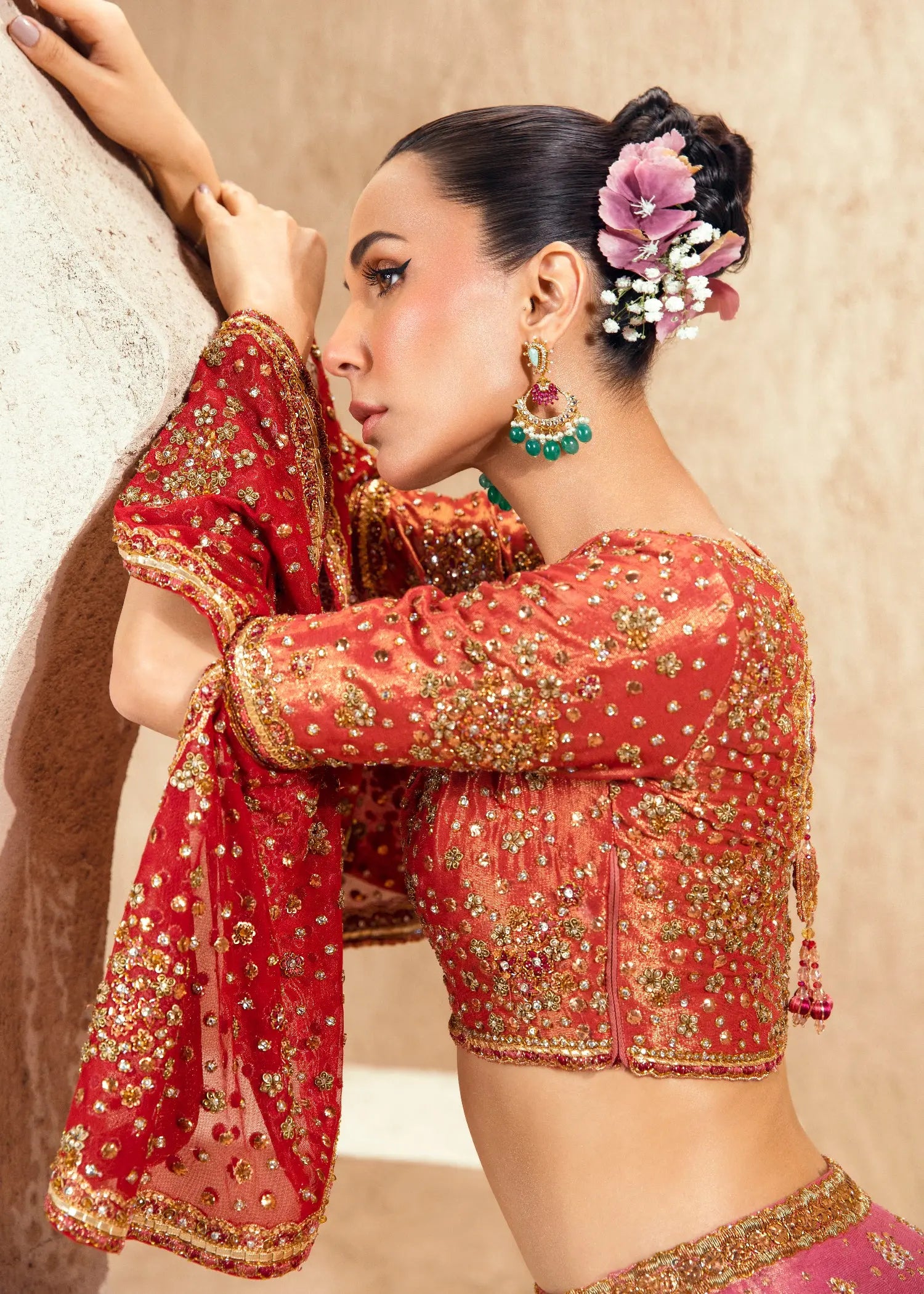 Pakistani Red and Pink Embellished Net Silk Bridal Lehenga (3-Piece) - Image 3