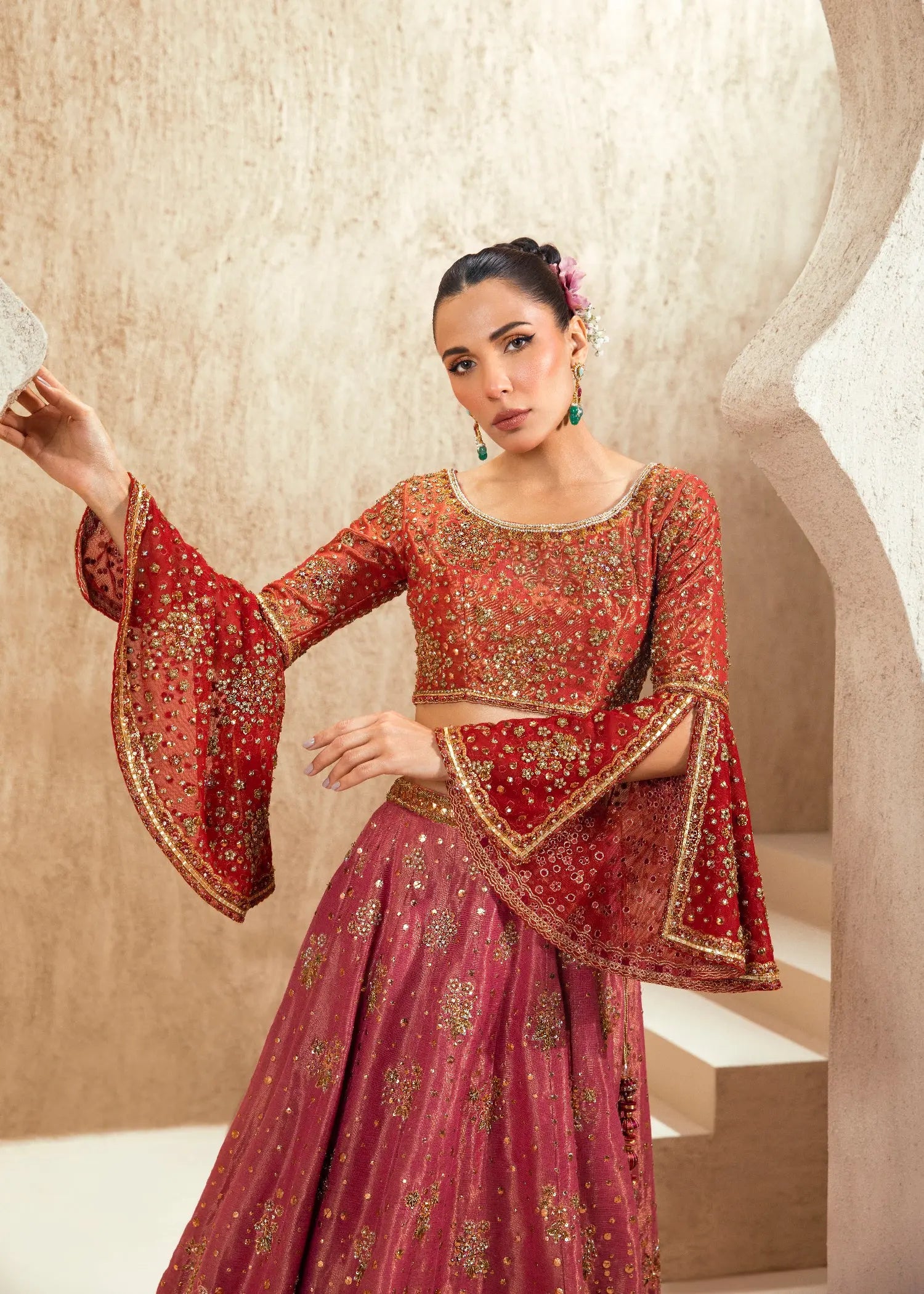 Pakistani Red and Pink Embellished Net Silk Bridal Lehenga (3-Piece) - Image 5