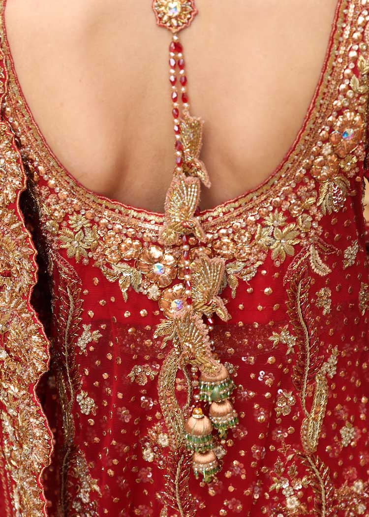 Pakistani Scarlet Red Embroidered Silk-Blend Bridal Lehenga (3-Piece) - Image 3