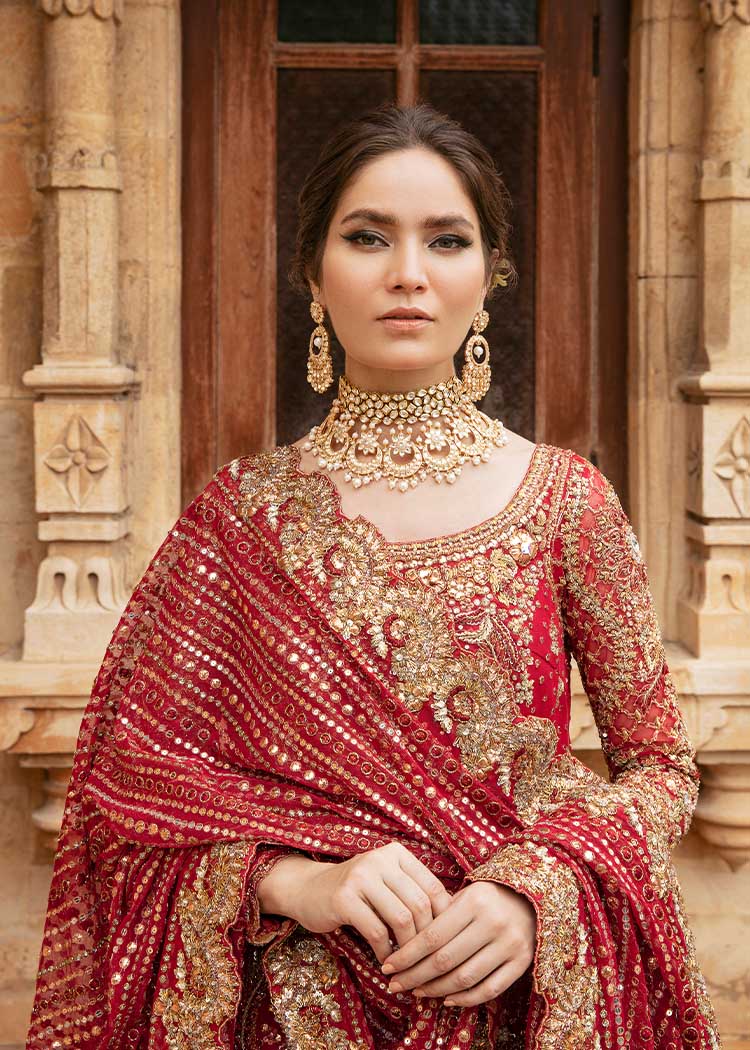 Pakistani Scarlet Red Embroidered Silk-Blend Bridal Lehenga (3-Piece) - Image 5