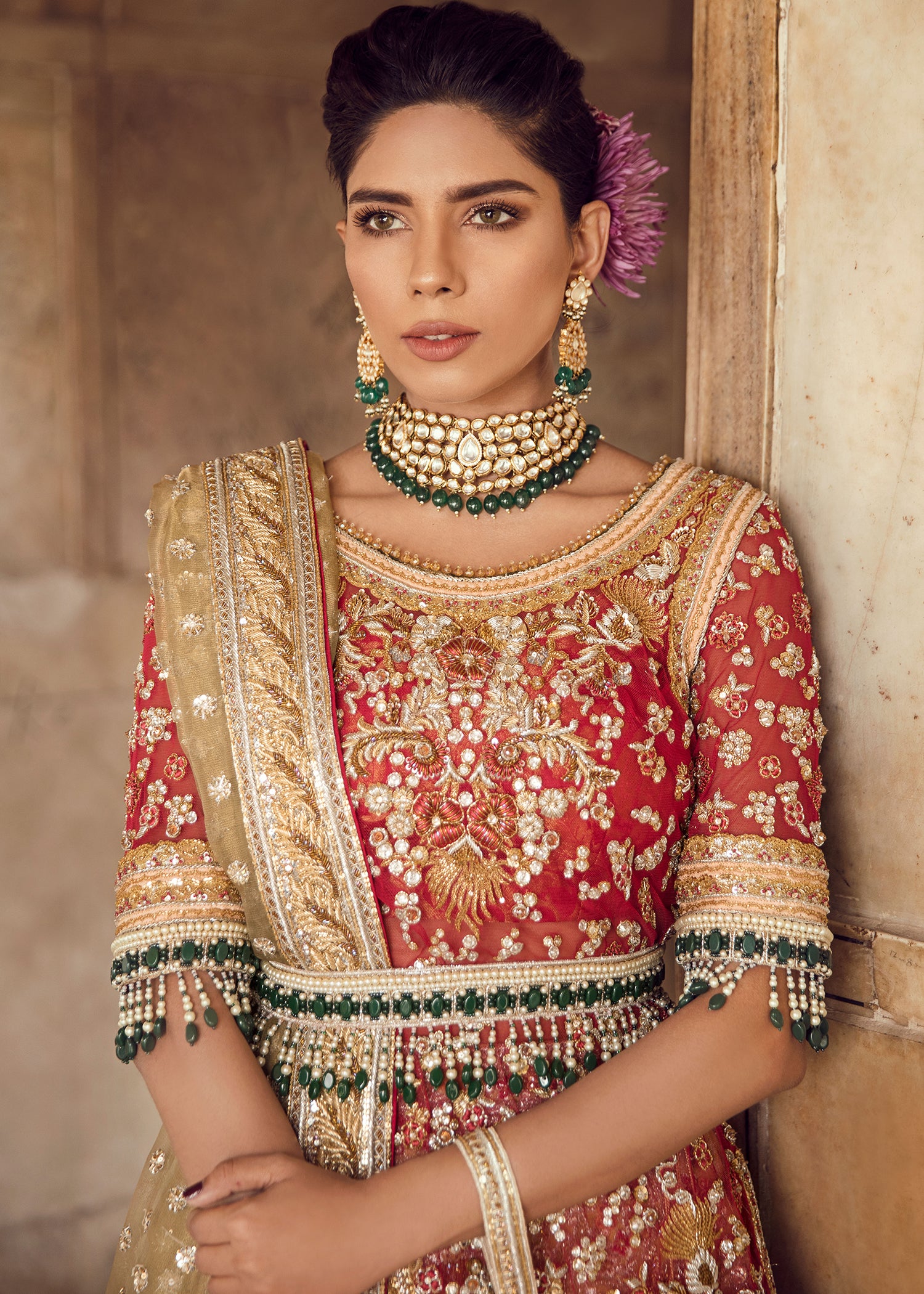 Deep Red Embellished Silk Bridal Lehenga (3-Piece) - Image 2