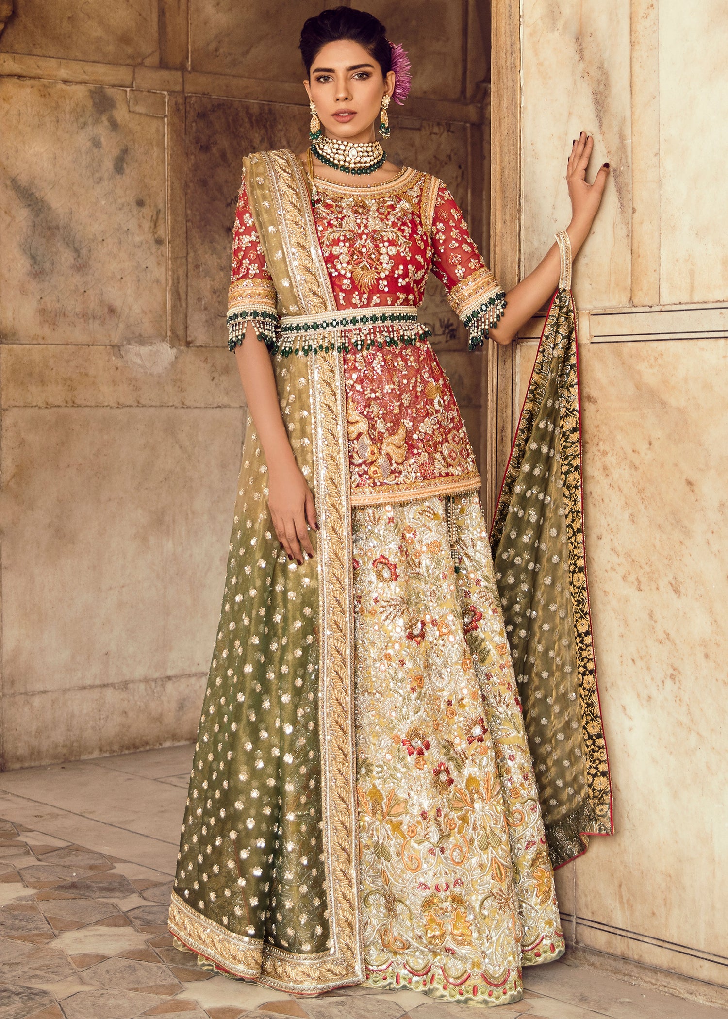 Deep Red Embellished Silk Bridal Lehenga (3-Piece) - Image 4