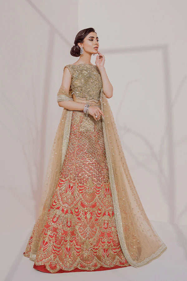 Pakistani Vermilion Red Zardozi Silk Blend Lehenga (3-Piece) - Image 1