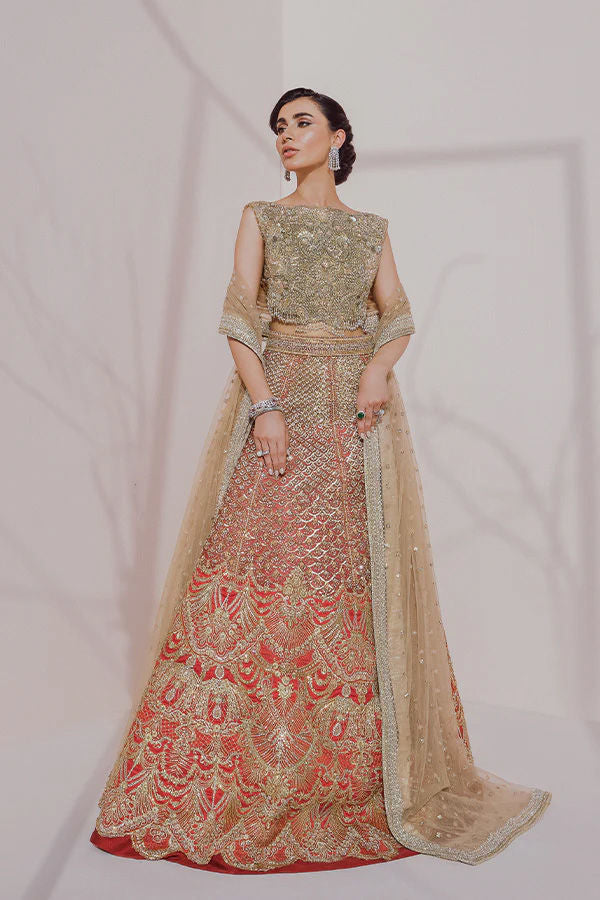 Pakistani Vermilion Red Zardozi Silk Blend Lehenga (3-Piece) - Image 2