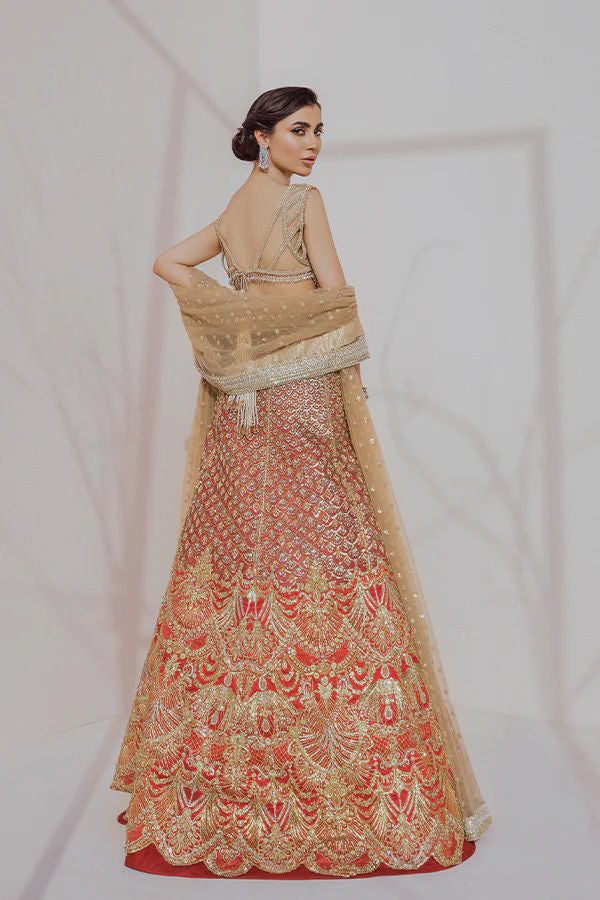 Pakistani Vermilion Red Zardozi Silk Blend Lehenga (3-Piece) - Image 3