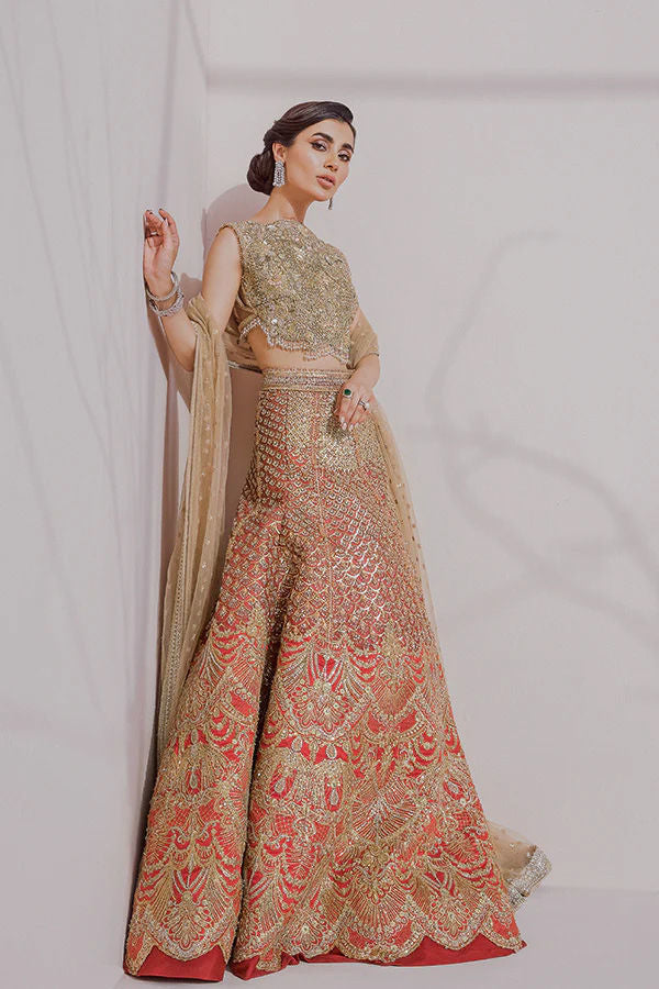 Pakistani Vermilion Red Zardozi Silk Blend Lehenga (3-Piece) - Image 4
