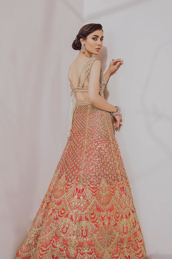 Pakistani Vermilion Red Zardozi Silk Blend Lehenga (3-Piece) - Image 5
