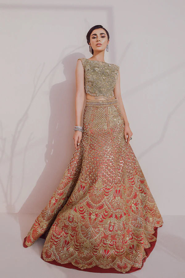 Pakistani Vermilion Red Zardozi Silk Blend Lehenga (3-Piece) - Image 6