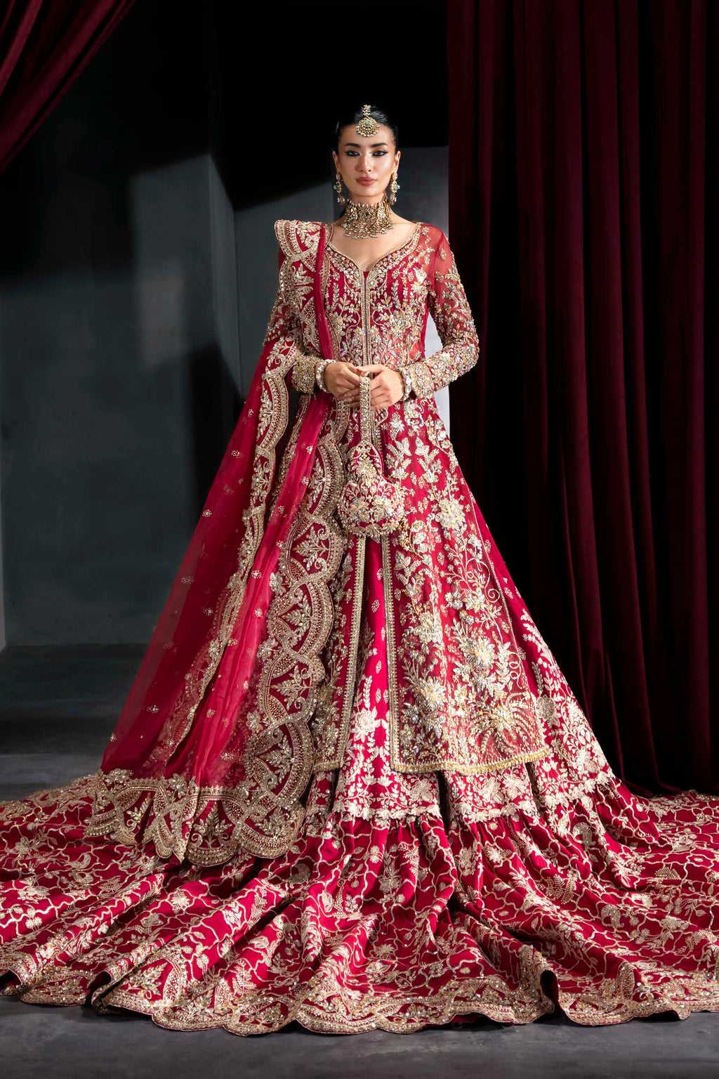 Pakistani Deep Crimson Zardozi Silk Bridal Lehenga (3-Piece) - Image 1