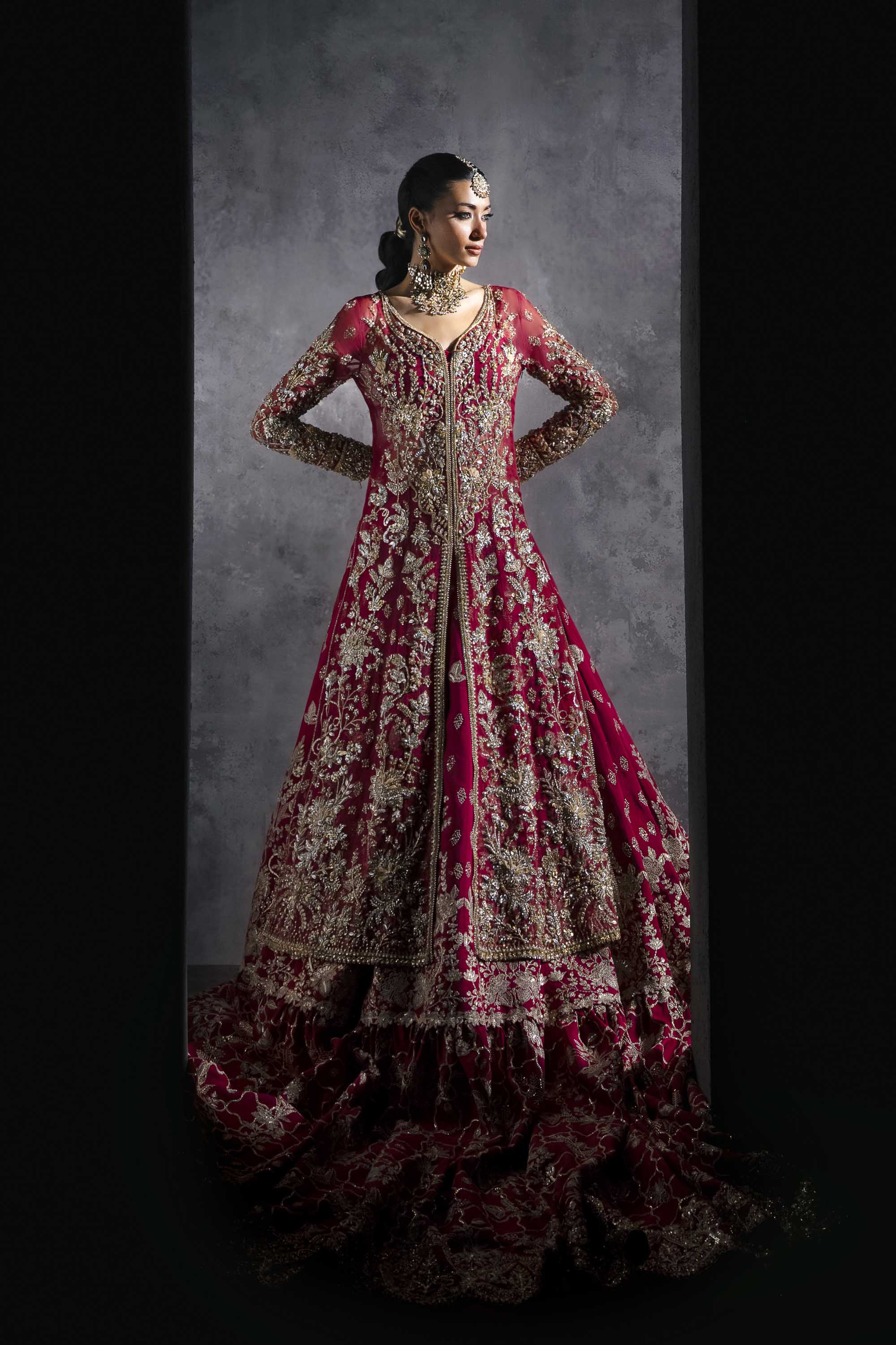 Pakistani Deep Crimson Zardozi Silk Bridal Lehenga (3-Piece) - Image 10