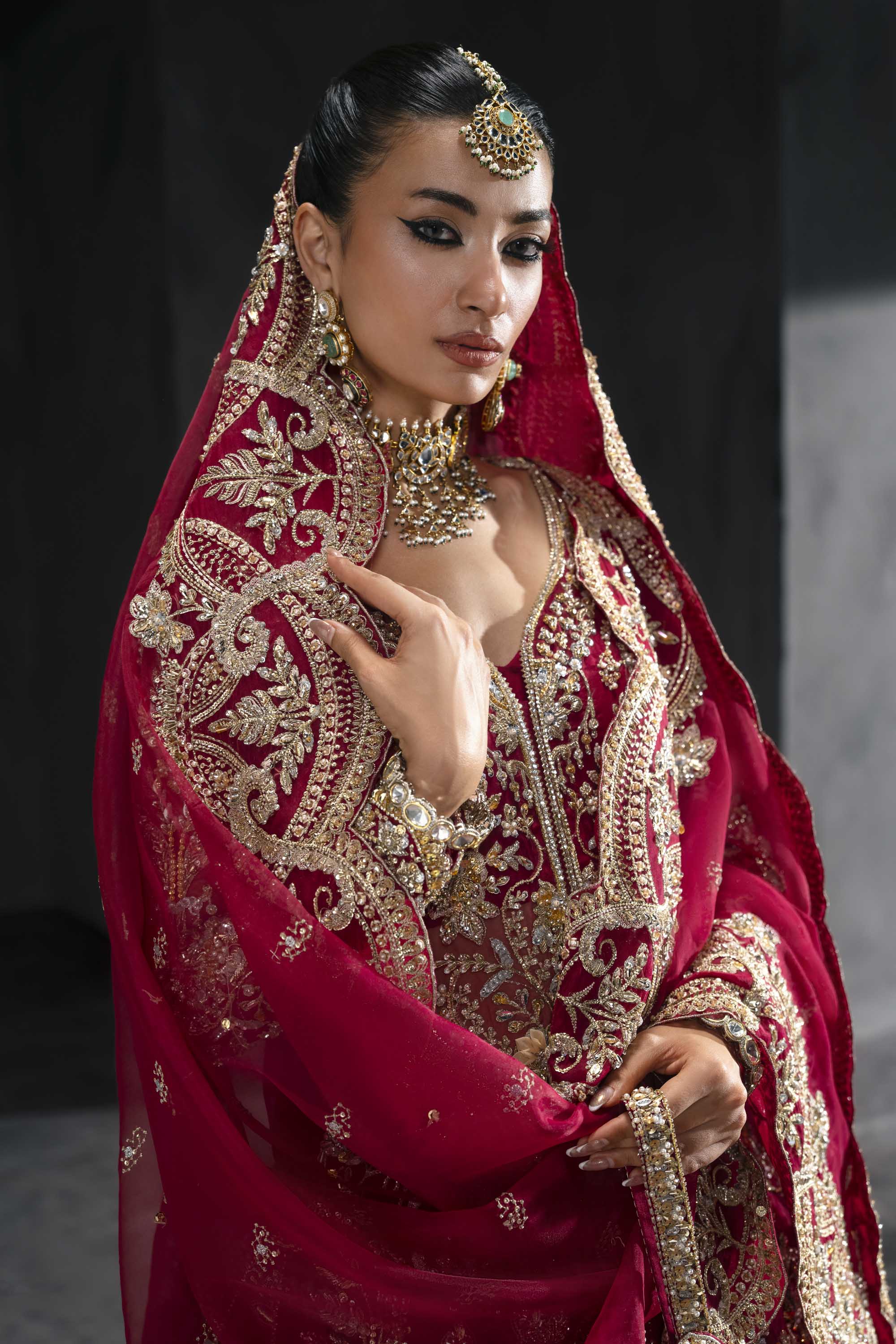 Pakistani Deep Crimson Zardozi Silk Bridal Lehenga (3-Piece) - Image 11