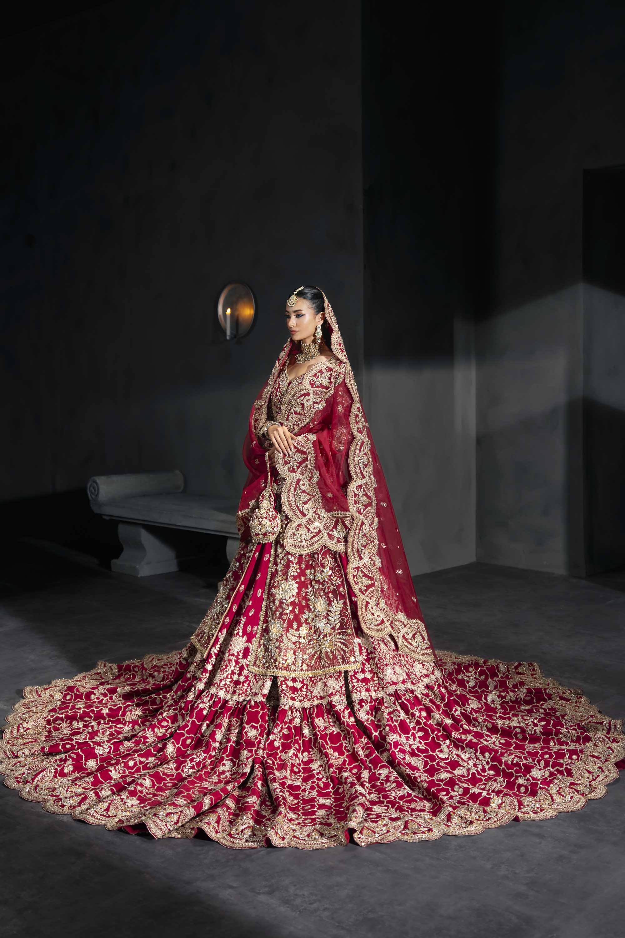 Pakistani Deep Crimson Zardozi Silk Bridal Lehenga (3-Piece) - Image 2