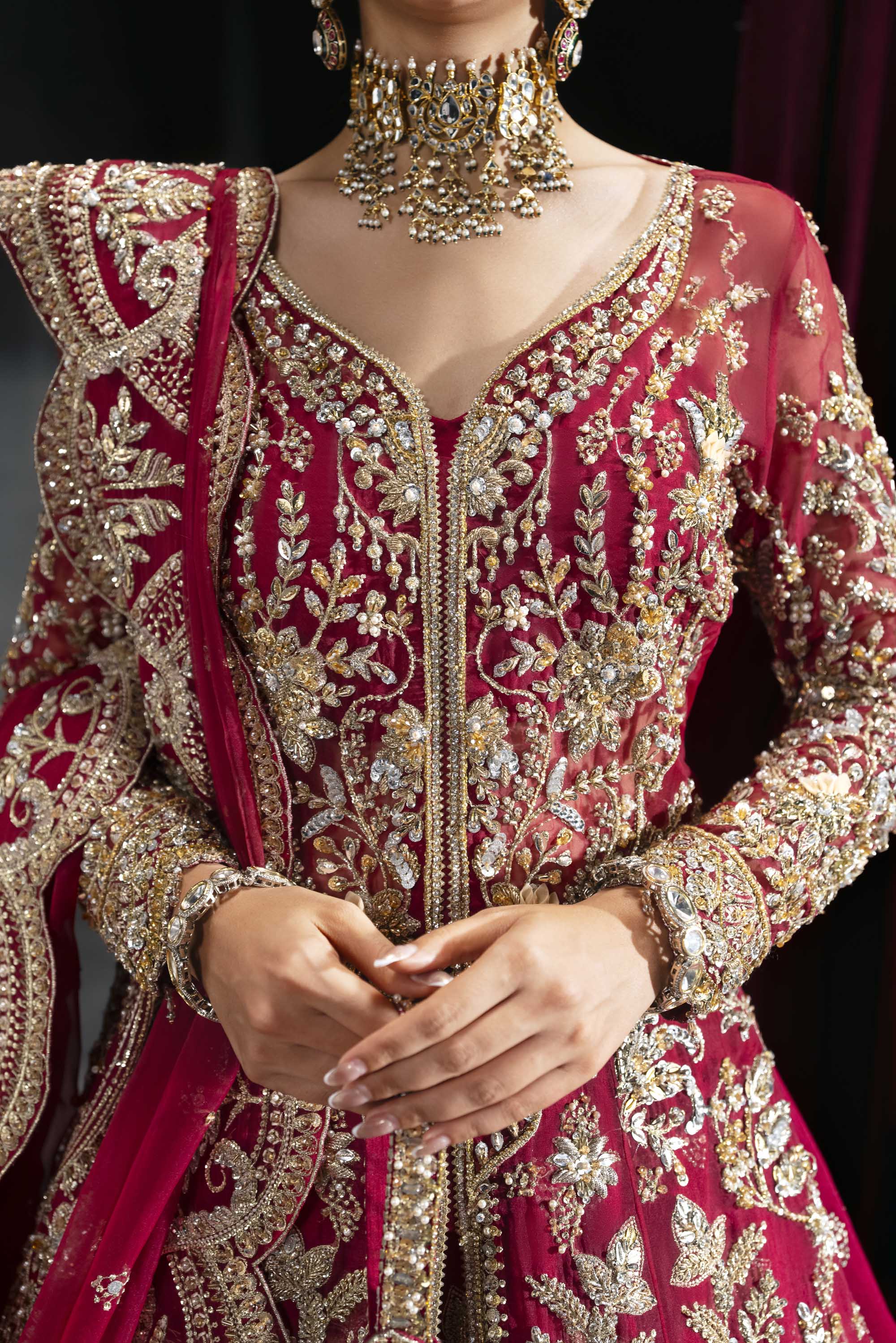Pakistani Deep Crimson Zardozi Silk Bridal Lehenga (3-Piece) - Image 4