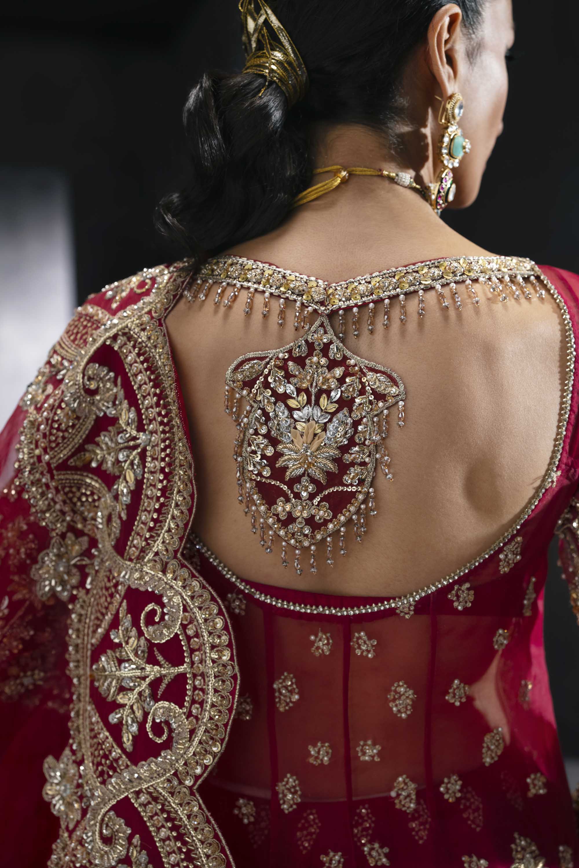 Pakistani Deep Crimson Zardozi Silk Bridal Lehenga (3-Piece) - Image 6