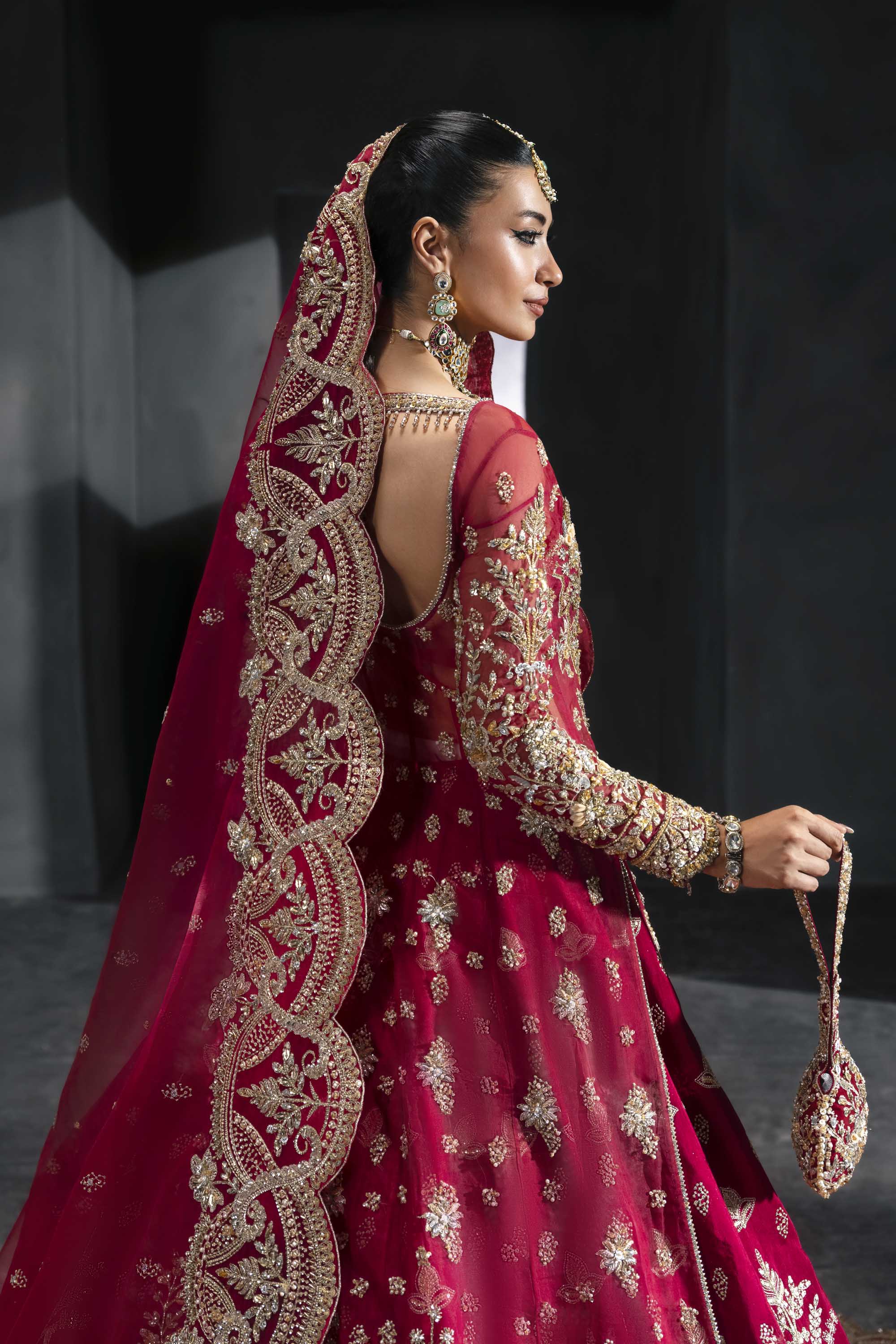 Pakistani Deep Crimson Zardozi Silk Bridal Lehenga (3-Piece) - Image 7