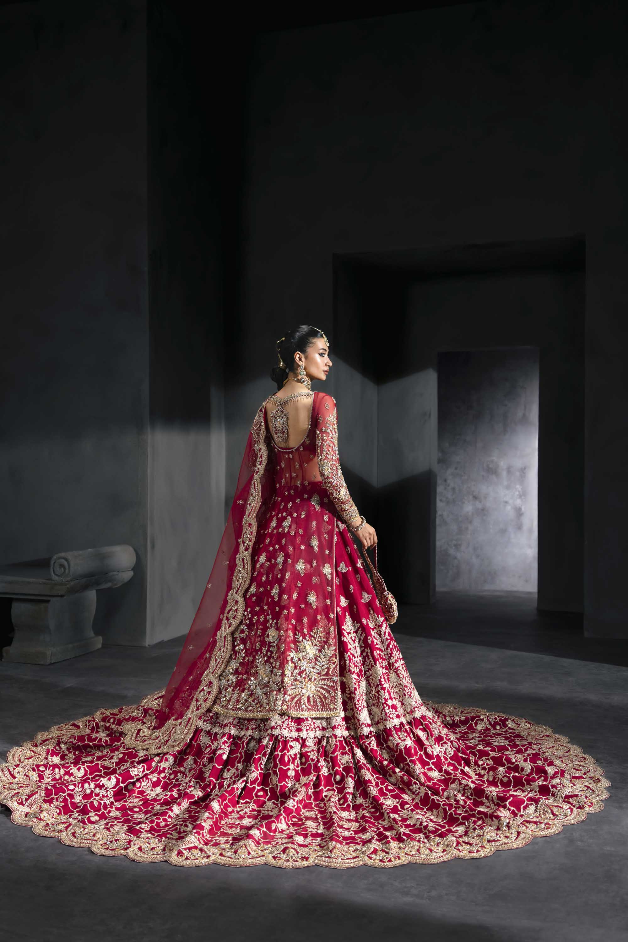 Pakistani Deep Crimson Zardozi Silk Bridal Lehenga (3-Piece) - Image 8