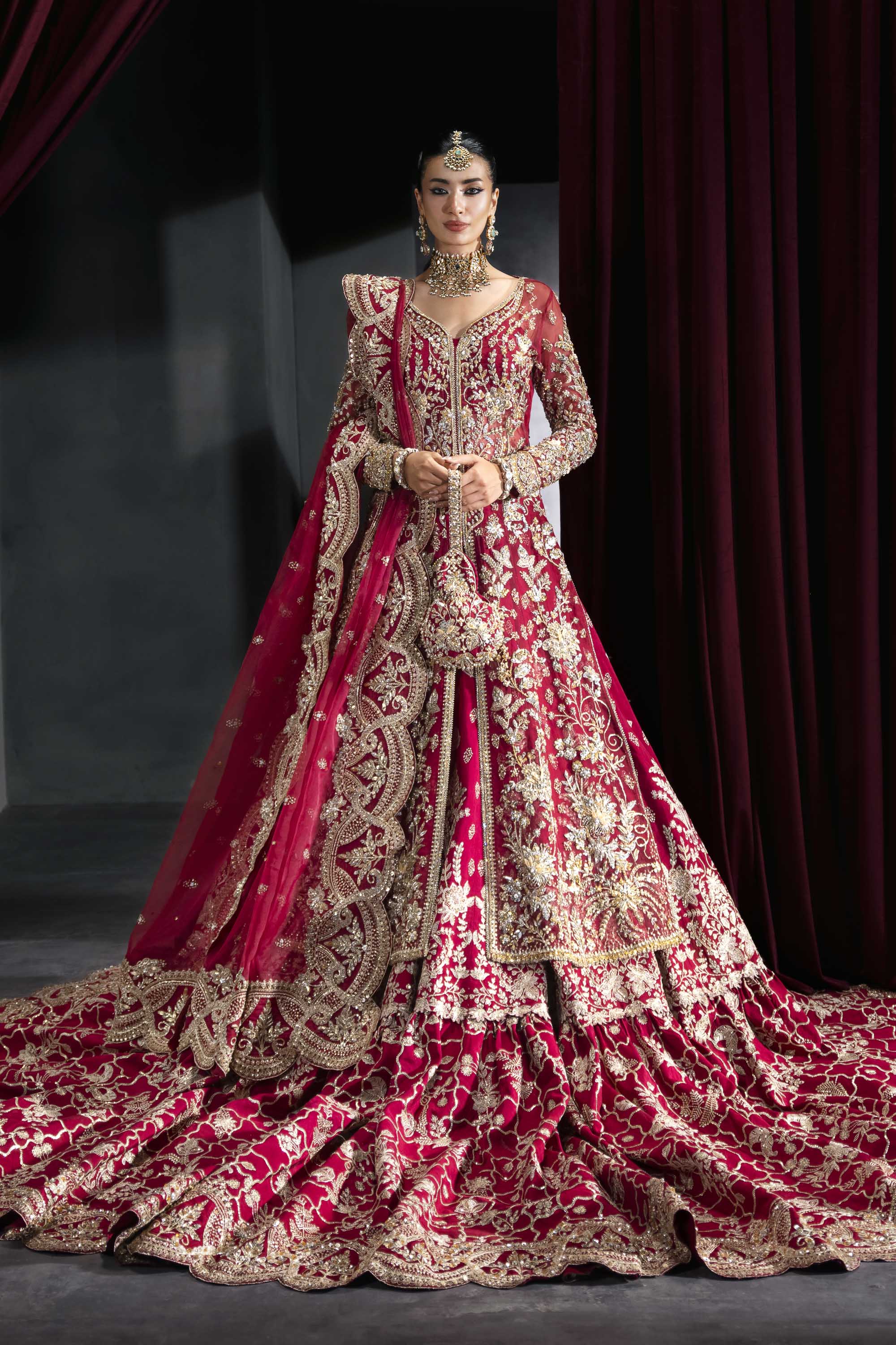 Pakistani Deep Crimson Zardozi Silk Bridal Lehenga (3-Piece) - Image 9