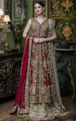 Pakistani Deep Red Gold Embellished Silk Bridal Lehenga (3-Piece) - Image 2