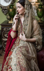 Pakistani Deep Red Gold Embellished Silk Bridal Lehenga (3-Piece) - Image 3