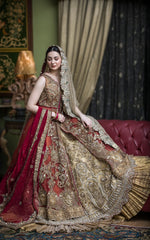 Pakistani Deep Red Gold Embellished Silk Bridal Lehenga (3-Piece) - Image 4