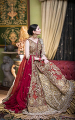 Pakistani Deep Red Gold Embellished Silk Bridal Lehenga (3-Piece) - Image 5