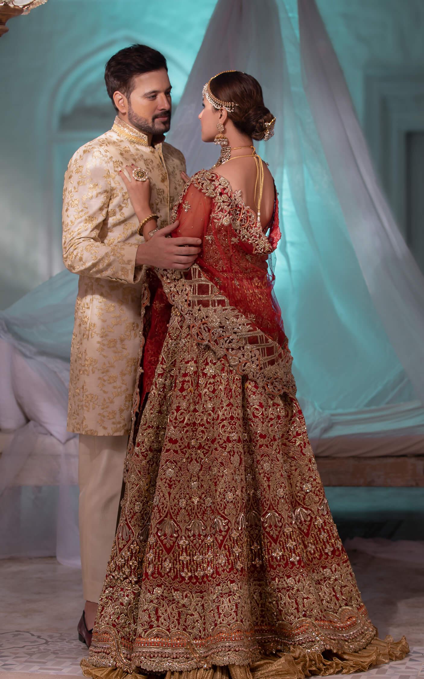 Pakistani Deep Red Gold Embroidered Silk-Blend Bridal Lehenga (3-Piece) - Image 2