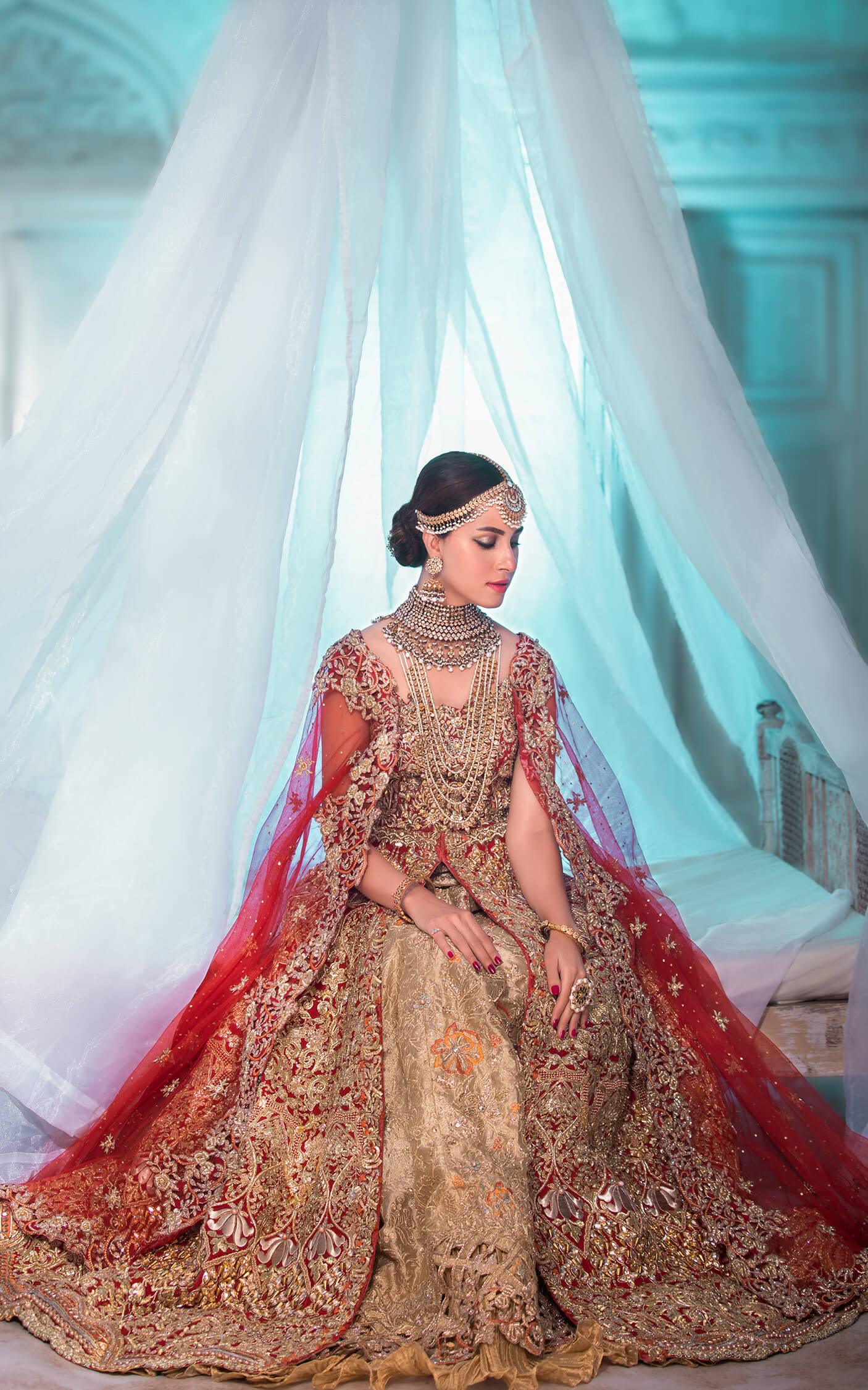 Pakistani Deep Red Gold Embroidered Silk-Blend Bridal Lehenga (3-Piece) - Image 3