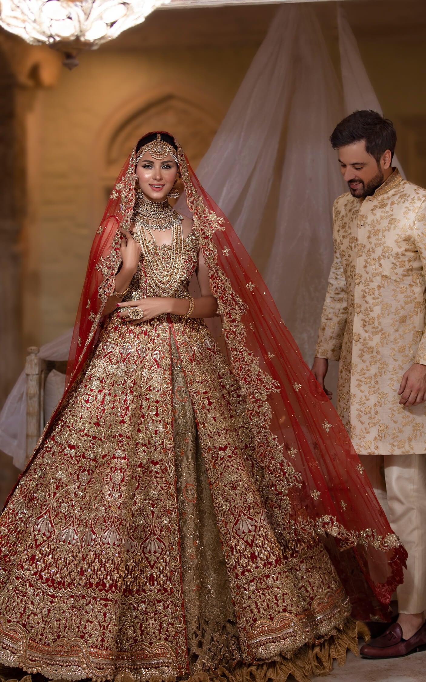 Pakistani Deep Red Gold Embroidered Silk-Blend Bridal Lehenga (3-Piece) - Image 8