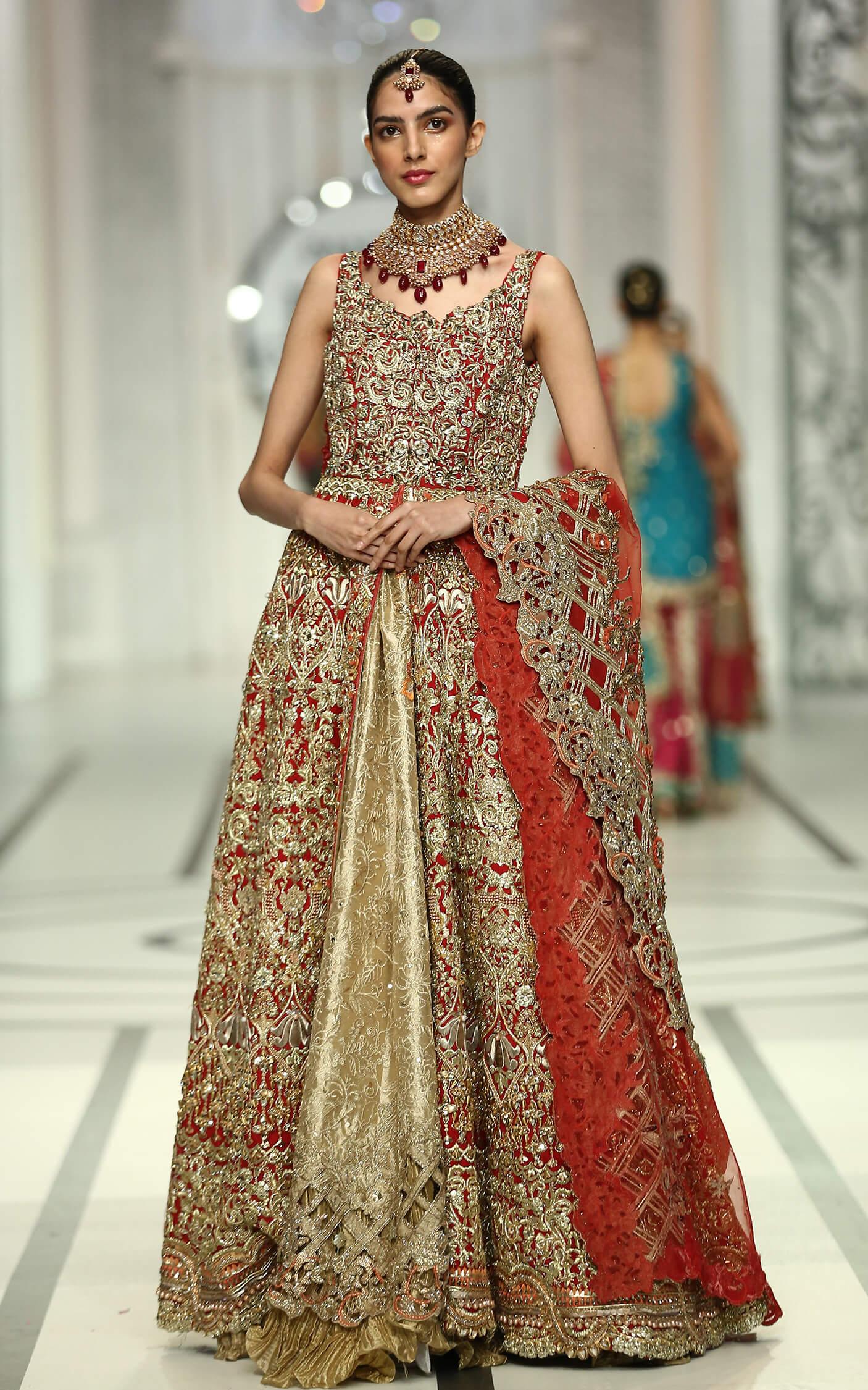 Pakistani Deep Red Gold Embroidered Silk-Blend Bridal Lehenga (3-Piece) - Image 9