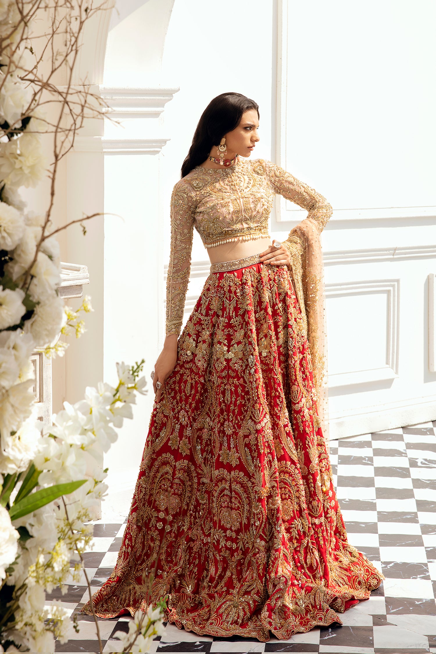 Pakistani Red Gold Zardozi Silk Blend Bridal Lehenga Choli (3-Piece) - Image 1