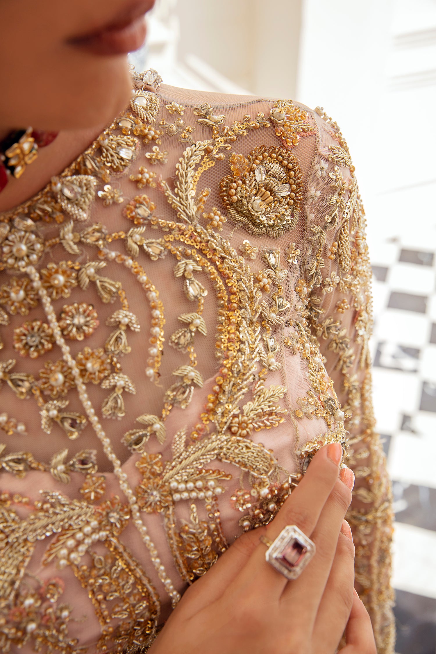 Pakistani Red Gold Zardozi Silk Blend Bridal Lehenga Choli (3-Piece) - Image 3