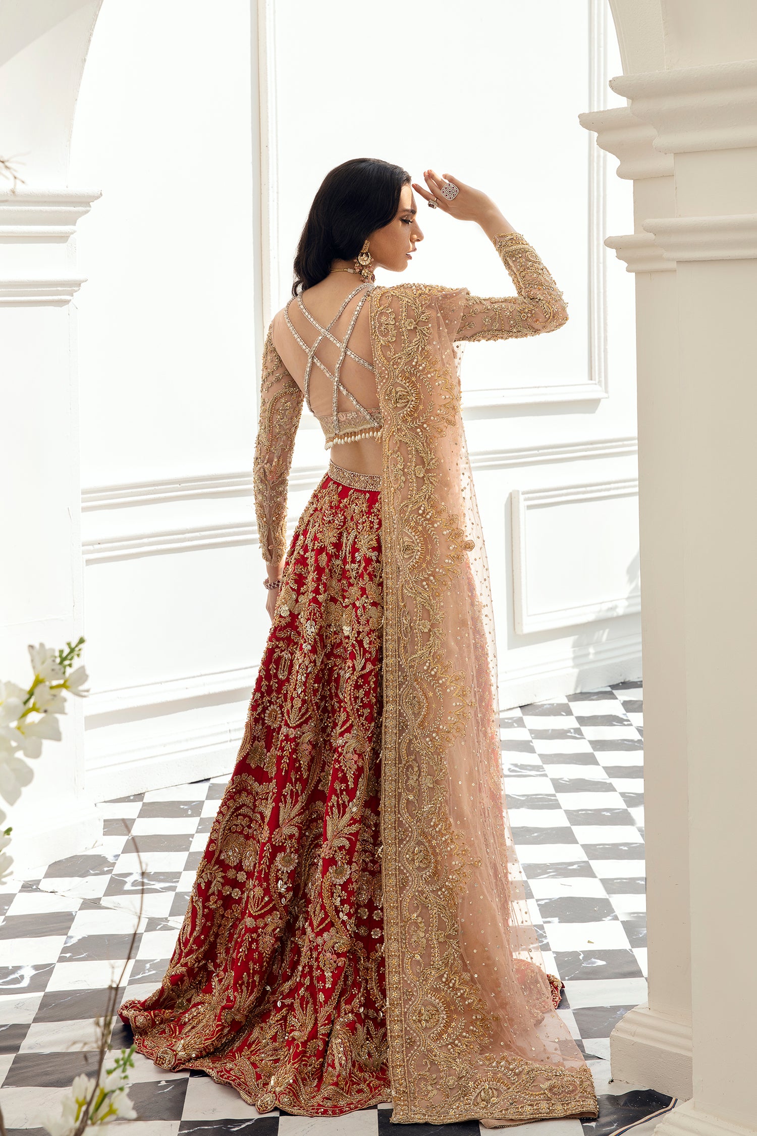 Pakistani Red Gold Zardozi Silk Blend Bridal Lehenga Choli (3-Piece) - Image 4