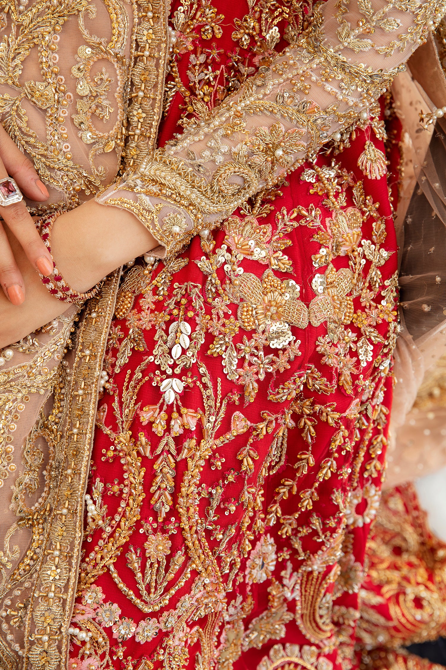 Pakistani Red Gold Zardozi Silk Blend Bridal Lehenga Choli (3-Piece) - Image 5