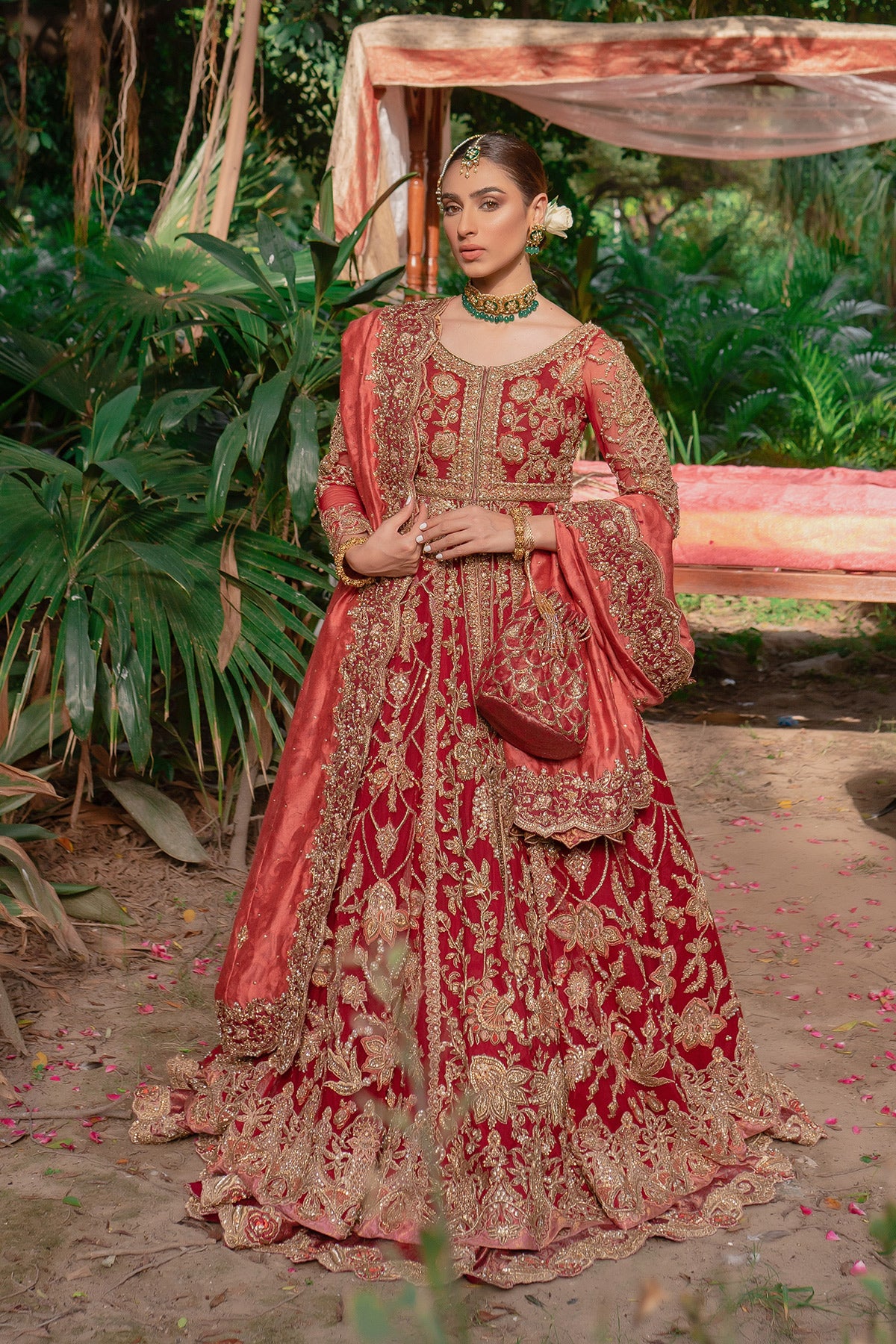 Deep Red Zardozi Silk Blend Bridal Lehenga (3-Piece) - Image 1