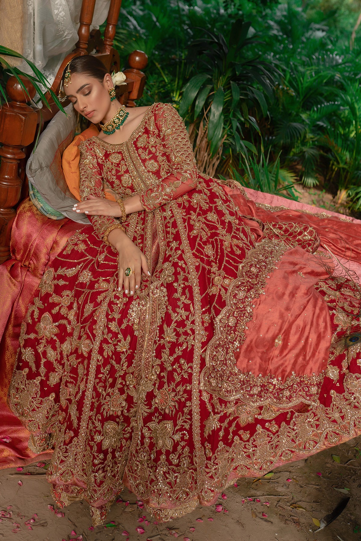 Deep Red Zardozi Silk Blend Bridal Lehenga (3-Piece) - Image 3