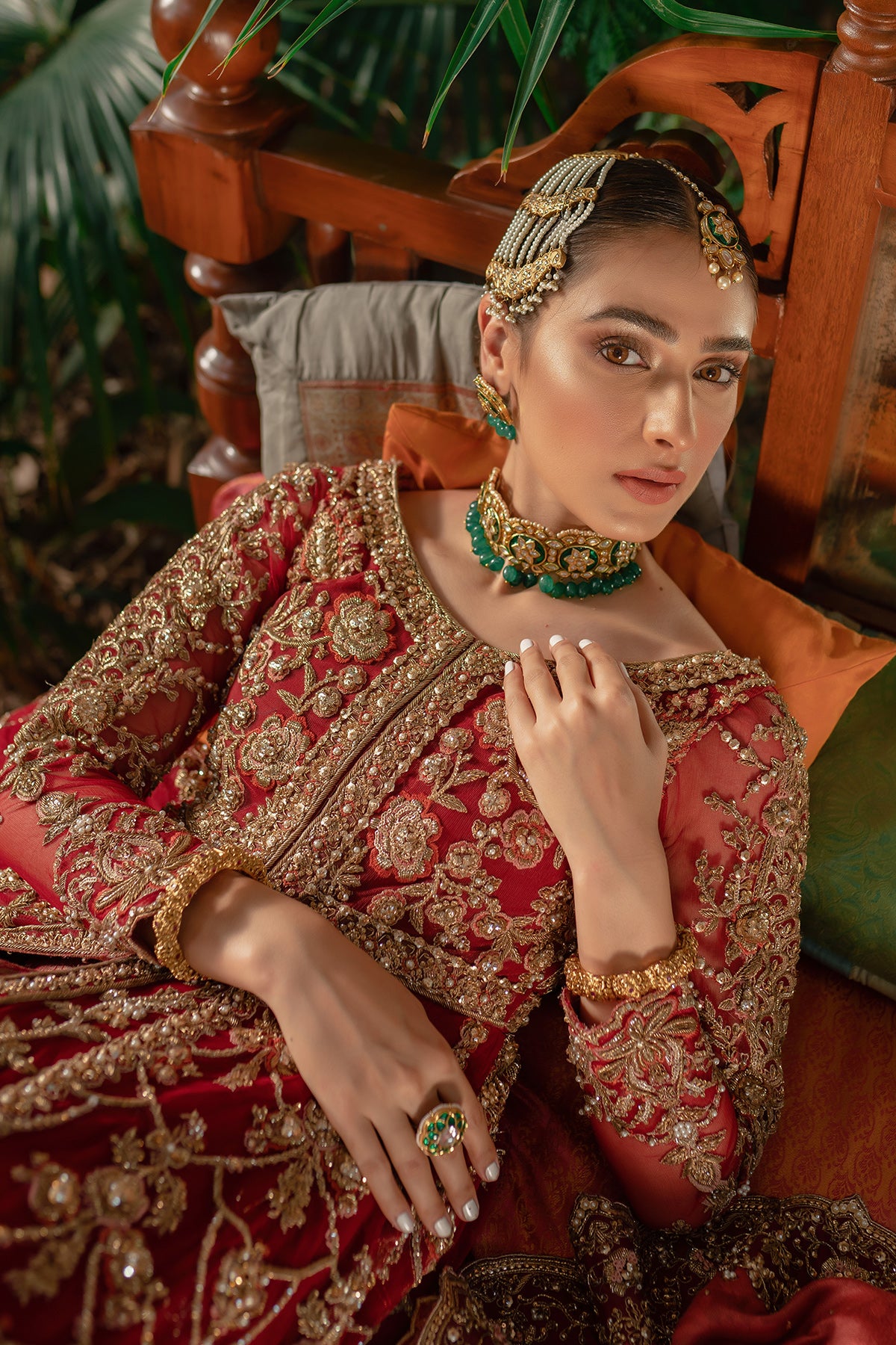 Deep Red Zardozi Silk Blend Bridal Lehenga (3-Piece) - Image 4