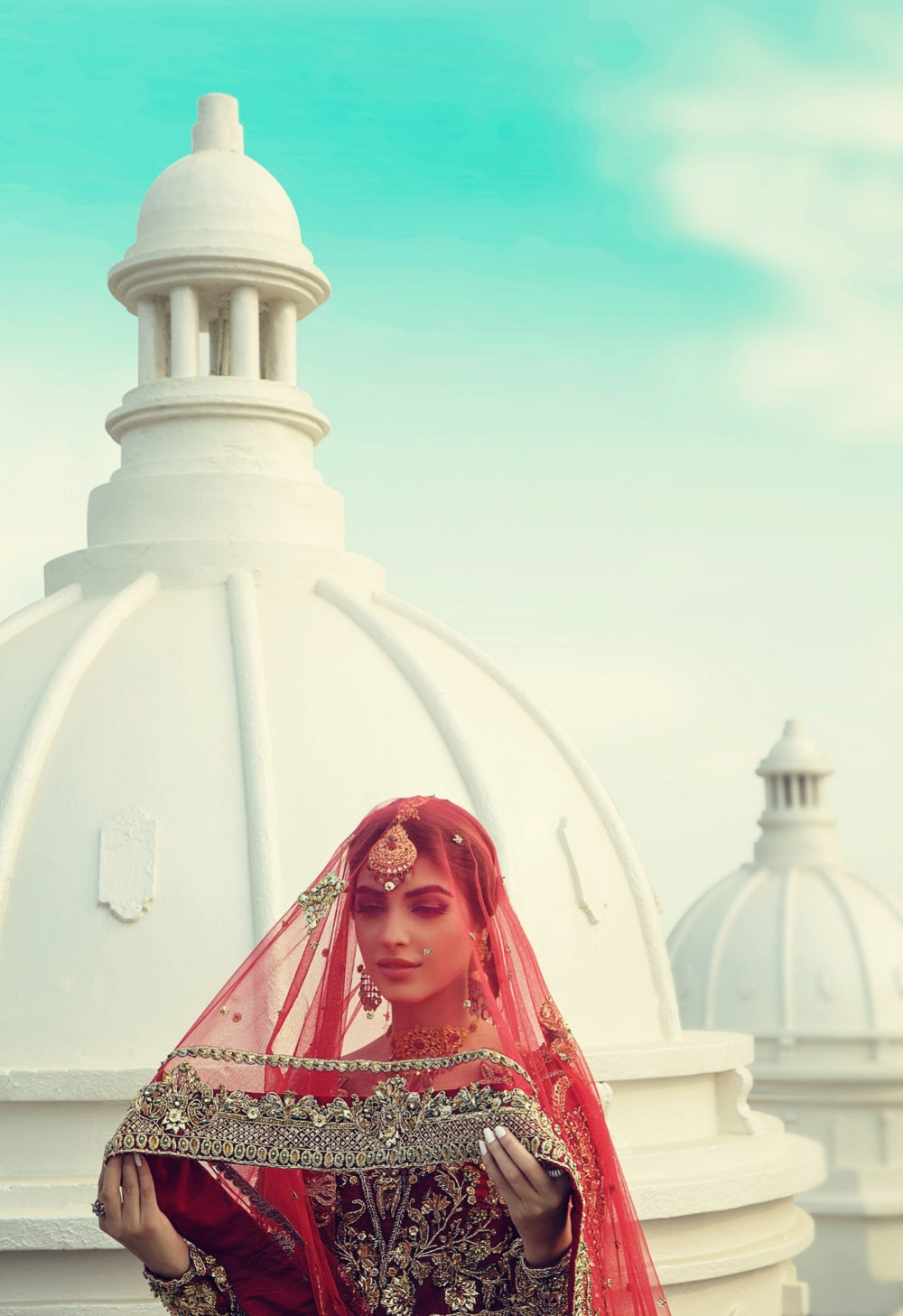 Deep Red Embroidered Silk-Blend Bridal Lehenga (3-Piece) - Image 3