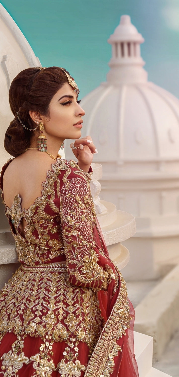 Deep Red Embroidered Silk-Blend Bridal Lehenga (3-Piece) - Image 4