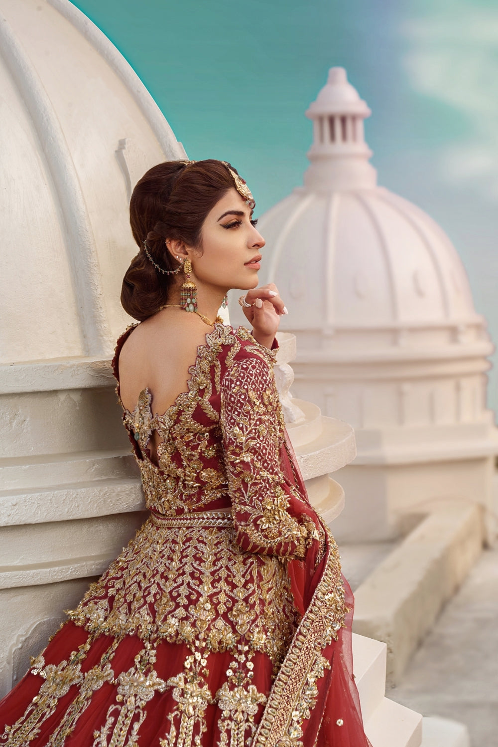 Deep Red Embroidered Silk-Blend Bridal Lehenga (3-Piece) - Image 5