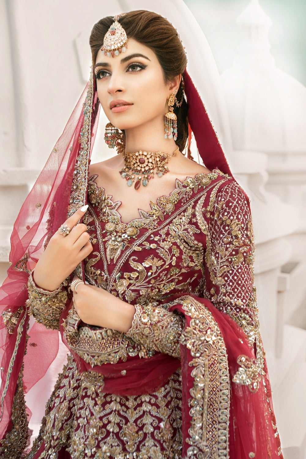 Deep Red Embroidered Silk-Blend Bridal Lehenga (3-Piece) - Image 6